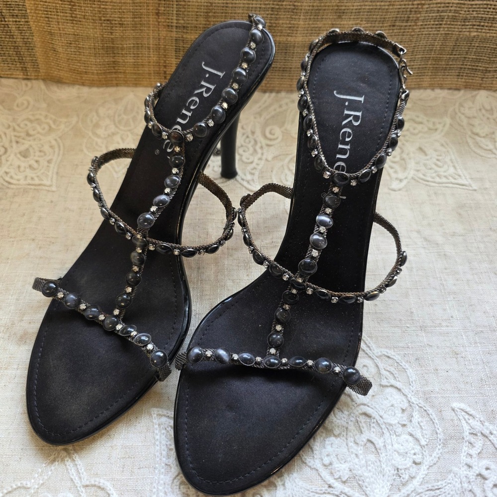 J. Renee Inga Sandals 8.5M Black Jeweled T-Strap Stiletto Heels Gunmetal Mesh